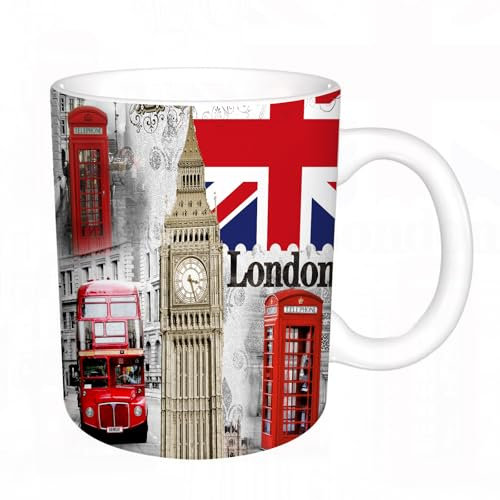 KDWJS Tasse Keramik Kaffeetassen Große 11oz Tassen 330ml Trinkgläser Mit Griff Personalisierte Geschenk Weiß,London England Stadt Wahrzeichen Retro Union Telefon Bus Big Ben Flagge,