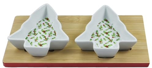 Lesser & Pavey Gift Item Serving Bowls Decorative Set in Christmas 2 Tree Shape Ceramic Snacks Dip Appetizer Olives Bowls Dishes on Tray Board