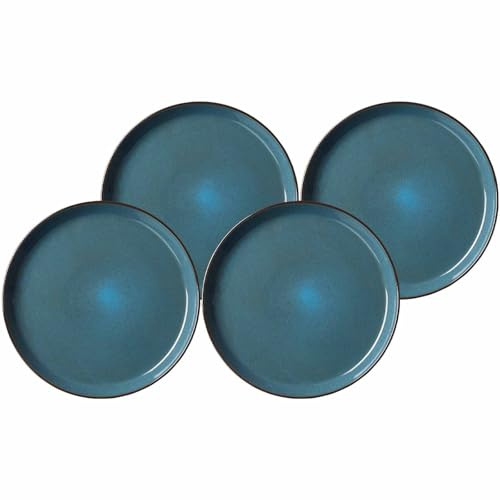 Ritzenhoff & Breker Visby Speiseteller 4er Set, 26 cm, Runde Essteller mit braunem Rand, Skandinavisches Design, Steingut, Blau