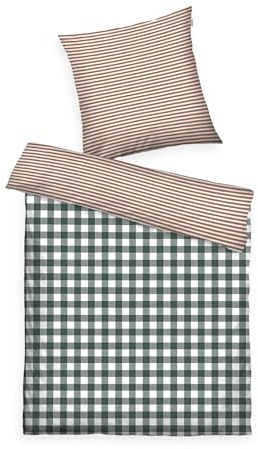 TOM TAILOR Flanell-Bettwäsche, 80x80 cm + 155x220 cm, 100% Baumwolle/Flanell, Mit Wendemotiv und farbigem Markenreißverschluss, Classic Check Grün, Braun (Forest & Rusty Red)