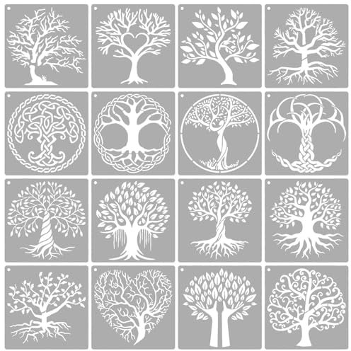 Stencil con motivo albero della vita, 16 stencil per pittura e disegno con albero, per artigianato, riutilizzabili, con anello rotondo per fai da te, spruzzatura artistica, tela, legno e decorazione