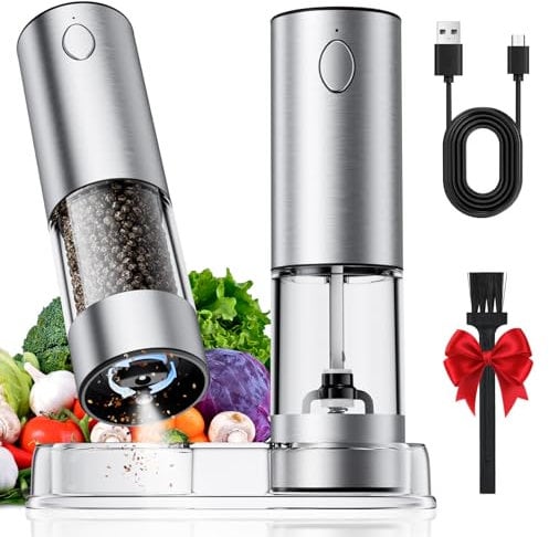 Larger Electric Salt and Pepper Grinder Set Rechargeable 3.2Oz Automatic Salt and Pepper Mill Grinder with Base Electric Salt and Pepper Shakers with Adjustable Coarseness, LED, Stainless Steel Silver