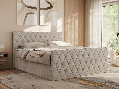 MKS MEBLE Boxspringbett 180x200 cm Miren Duo – Bett mit Bettkasten & Kopfteil, Ziernähte/Steppung – 2× 7-Zonen Taschenfederkern Matratze H4 mit Topper T25 – Beige Strukture