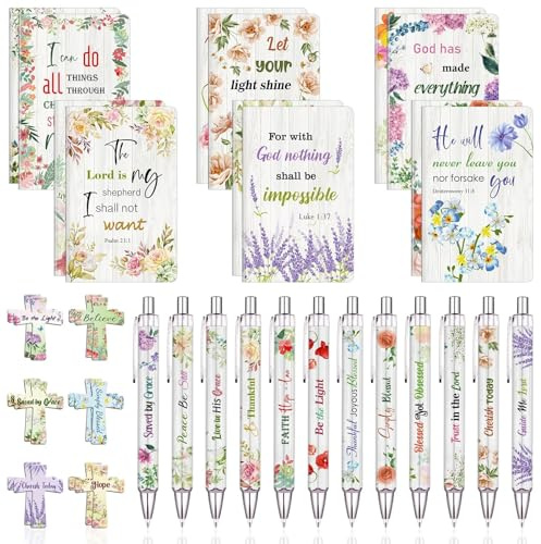 36 Stück christliche Muttertagsgeschenke, Großpackung mit 12 Mini-Bibelvers-Notizblöcken, 12 Kugelschreiber und 12 magnetische Kreuz-Lesezeichen, niedliche religiöse Notizbücher, Geschenke, Preise