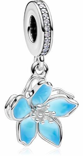 MSPOVOF Blaue Blüte Charms 925 Sterling Silber 5A Zirkonia Anhänger für Armband Halsketten Schmuck Geschenk für Damen Frauen