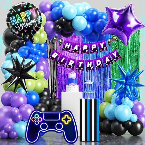 Toyssa Videospiel Geburtstagsdeko Kinder Gaming Party Deko Geburtstag mit Luftballons Blau Lila Lametta Vorhänge Folienballon Banner Ballon Girlande Gamer Gaming Party Dekoration für Kinder Jungen