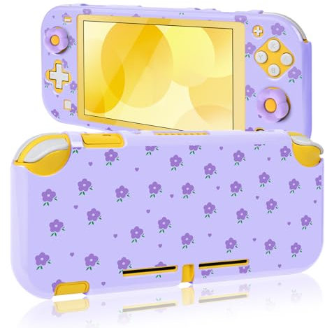 DLseego Protective Case for Switch Lite,Flower Printing Hard PC Full Protection Shell Cover Anti Scratch Skin with 2PCS Thumb Grip Caps,Purple