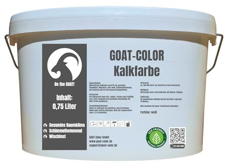 GOAT Kalkfarbe Weiß 0,75 Liter – Hochdeckend, Schimmelhemmend & Diffusionsoffen – Natürlich, Lösemittelfrei, Wasserbasiert & Wischfest – Strahlend Weiß für Gesundes Raumklima