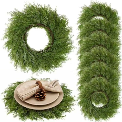 Gandeer Christmas Placemats Set of 6 Round Greenery Place Mats Xmas Circular Artificial Wreath Dining Table Decor Winter Fake Plants Branches Mats for Kitchen Accessories(Pine Needles)