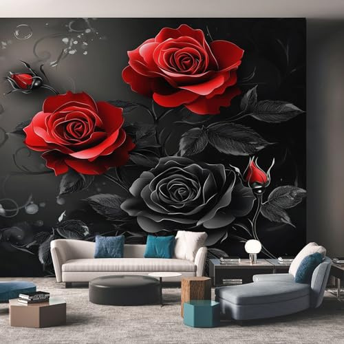 3D Floral Mural Wallpaper, Red and Black Rose Wallpaper for Bedroom, Living Room, TV Backdrop, Office, Hotel Wall Background Decoration Non-Woven Wall Paper 150 X 105 cm (WxH) Pui149