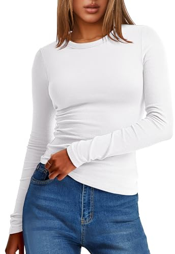 ANRABESS Womens Long Sleeve Thermal Shirts Slim Fit Basic Tee Tops Warm Fleece Undershirts 2025 Fall Winter Layer Outfits White Small