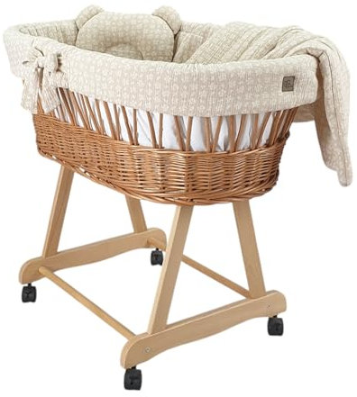 Wiklinopol Moseskorb Amelia Stubenwagen aus Weide mit Gestell & Matratze – Babykorb in Natur – Set Musselin-Bettwäsche in Beige Zweige – Weidenkorb, Tragbar, Ideal für Neugeborene