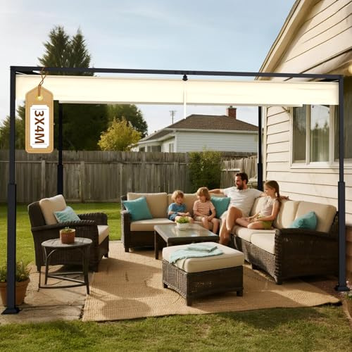 Soontrans Pergola avec toit ouvrant réglable 3 x 4 m, votre auvent de terrasse autoportant pour la détente, pavillon avec structure en acier et fixation magnétique, protection solaire pour jardin