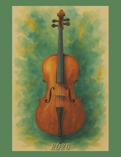 2026: Large Monthly Calendar Planner – Watercolor Cello Musical Instrument
