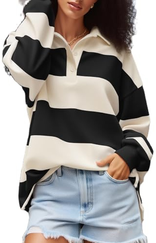 Amiblvowa Rugby Shirt Women Striped Collared Long Sleeve Polo Shirts Oversized Color Block Sweatshirt Vintage Pullover Top