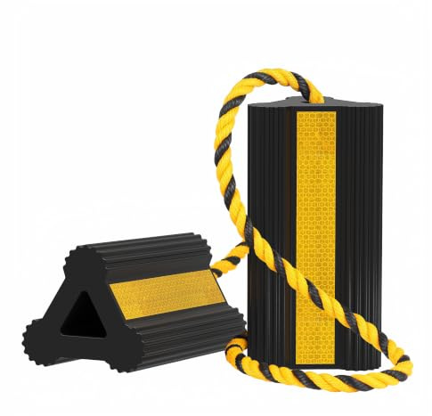 Wiltec Unterlegkeile für Anhänger mit Nylon Seil 207 x 115 x 105 mm, schwarz gelbe Bremskeile aus Gummi, Radkeile in Dreiecksform mit Reflexionsstreifen ideal für Wohnmobil, Wohnwagen, Pkw und LKW