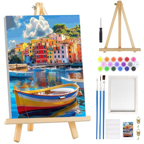 MOGTAA Bateaux Colorés Peinture Numero Enfant Adulte avec Cadre, Paysage Peinture par Numero Adulte avec Chevalet, DIY Numéro d'Art Kits, Loisirs Créatifs Adultes, pour décoration, 20x30cm