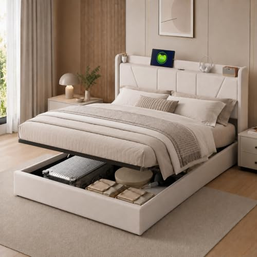 Hoscullo Polsterbett 140x200 cm mit Hydraulischem Stauraum, Jugendbett mit USB Anschluss, Stauraumbett mit Bettkasten, Boxspringbett Bettgestell mit Lattenrost, Leinen, Beige