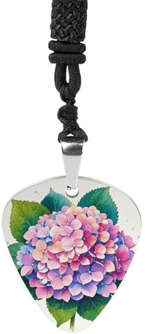 Rkklvbns Watercolor Hydrangea Guitar Pick Holder Necklace for Women, Personalized Bass Pick Pendant for Men, Rock Music Picks Necklace with Chain for Party, Music Inspired Gift
