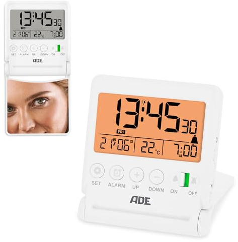 ADE Digitaler Reisewecker | Uhr mit Temperaturanzeige | Kleiner Wecker mit Licht | integrierter Klappspiegel im Deckel | einfache Bedienung | weiß