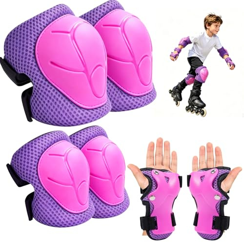 Protezione Kit Bambini 6 in 1, Set Protezioni con Ginocchiere Gomitiere e Polsiere Regolabile, Attrezzatura Protettiva per Skateboard Pattinaggio Pattini in Linea Scooter Bicicletta, Rosa