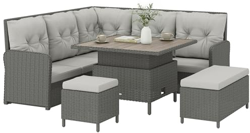Outsunny 7 Seater Rattan Garden Furniture Set, 6 Piece Patio Dining Set with Liftable Coffee Table and Soft Padded Cushion, Patio Wicker Sectional Conversation Corner Sofa, 128 x 71 x 84cm, Dark Grey
