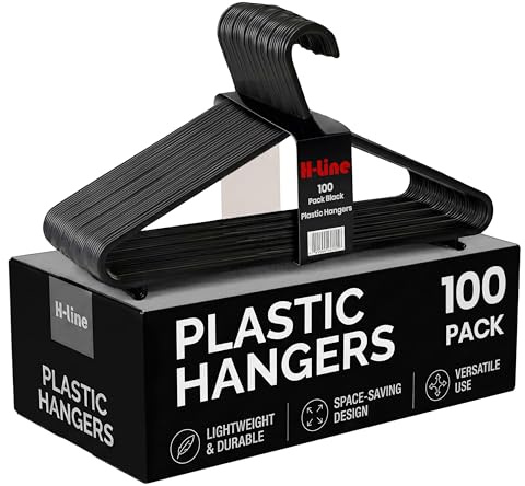 H-line 100 x Black Adult Plastic Clothes Coat Hangers with Trouser Bar and Lips