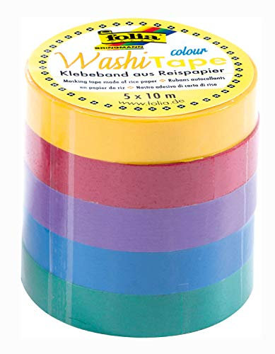 folia 26438 - Washi Tape, Klebeband aus Reispapier, Uni Basic, 5er Set, 10 m x 10 mm - ideal zum Verzieren und Dekorieren