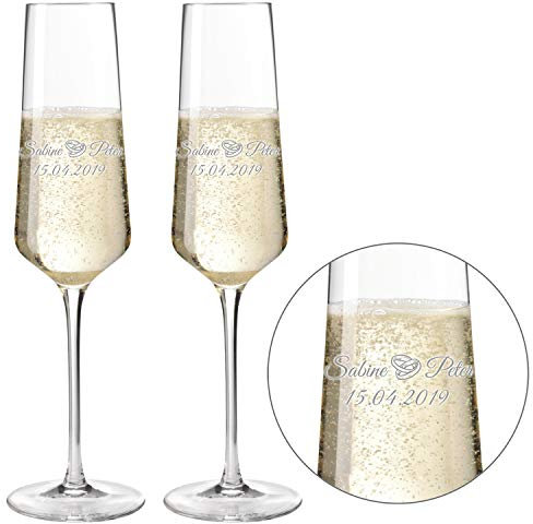 Sektgläser - Champagnergläser 2er Set Modern 220ml mit Gravur als Geschenk zur Hochzeit | Namen und Datum personalisierbar | Verschiedene Motive (Motiv Ringe (2er Set))