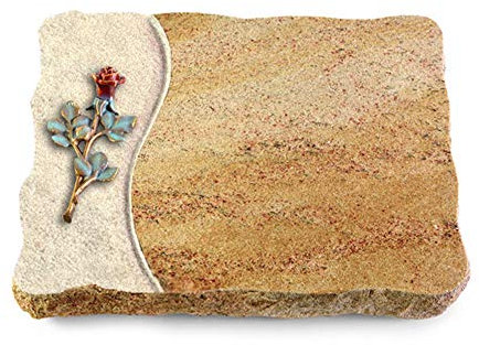 Wilhelmy Grabmale Grabplatte, Grabstein, Grabkissen, Urnengrabstein, Liegegrabstein Modell Wave 40 x 30 x 5 cm Kashmir-Granit, poliert inkl. Gravur (Bronze-Color-Ornament Rose 7)