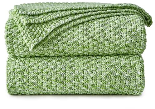 Longhui bedding Grüne Strickdecke für Couch, weich, gemütlich, maschinenwaschbar, 100% Baumwolle, Sofa-Strickdecke, schwer, 1,8 kg, 152,4 x 203,2 cm, grün und weiß.