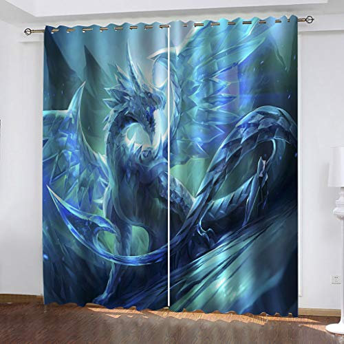 SDALD Vorhang Blickdicht Gardinen 140x160cm Blickdicht Vorhänge Kinderzimmer Thermo Gardinen für Raum Verdunkeln Ösenvorhang Cartoon Drache 2er/Set Verdunklungsgardine
