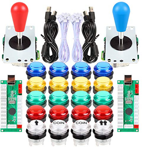 Fosiya 2 Jugadores Kit Arcade Ellipse Oval Style 8 Ways Bat Joystick + 20 Botones LED Arcade para 2 Jugadores Controladores de Videojuegos Todos Windows PC MAME Raspberry Pi 3 4 (Colores Mezclados)