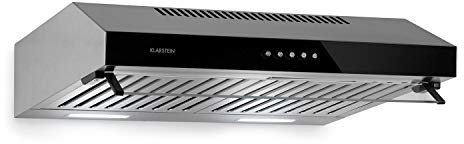 Klarstein Purista - Campana extractora, Montaje en pared, 3 potencias, Pantalla de vidrio plegable transparente, Iluminación halógena, Caudal 190 m³/h, Base de 60 cm, Acero inoxidable, Negro
