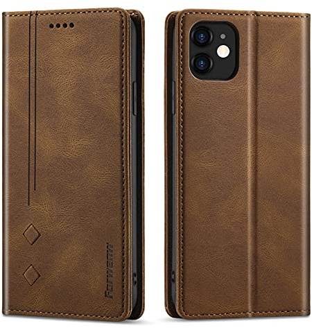 LOLFZ Hülle für iPhone 11, Klappbare Leder Handyhülle Kartenfach Standfunktion Stoßfeste Magnetische Schutzhülle für iPhone 11 (6,1 Zoll) - Braun