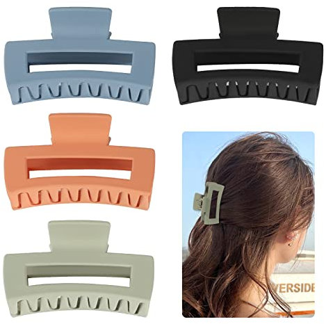 KINBOM 8x4,5cm 4 Pièces Medium Mat Pinces à Griffes, Pinces Cheveux Rectangulaires Pinces à Mâchoires pour Cheveux Épais Porte-queue de Cheval pour Femmes (Vert Armée Clair, Noir, Orange, Bleu Denim)