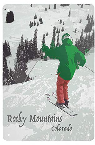 Bingyingne Metallschild Rocky Mountain Skier Blechschild Vintage Bar Cafe Home Wanddekoration Schild Retro Blechschilder Vintage Style 16x12 Zoll