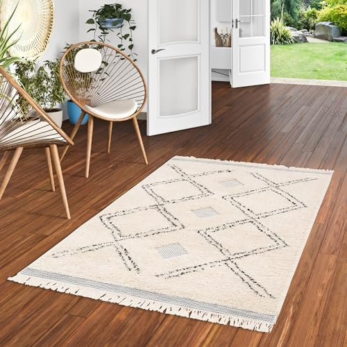In- und Outdoor Teppich mit Fransen Wohnzimmer Terrasse Shaggy Flachgewebe Sylt Creme Schwarz Rauten in 5 Größen