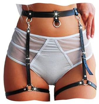 Flovel Punk Leder Körperkette Schwarz Taille Ketten Harness Oberschenkel Kette Nachtclub Körperzubehör Schmuck für Frauen und Mädchen