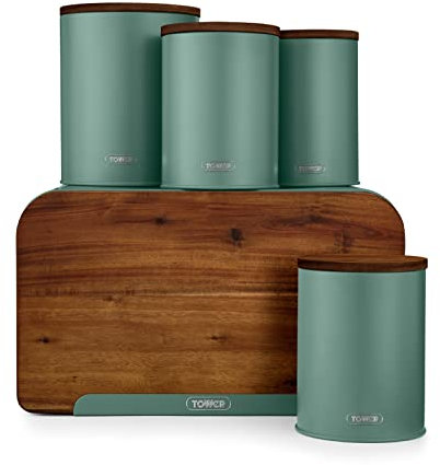 Tower T826140JDE Scandi 5 Piece Acacia Wood Storage Set with Bread Bin, Biscuit Barrel, Canisters, Jade
