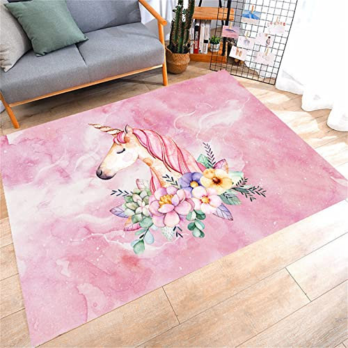 Licorne Rose Tapis Grand Salon Tapis Moderne Décor À La Maison Fleurs Licorne Chambre Tapis Coureur Couloir Cuisine Porte Tapis Antidérapant Tapis De Sol Enfants Rug (Rose,60x90 cm)