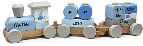 Personalisierte Eisenbahn in blau I Geschenk zur Geburt für Jungen I Bedruckt I Holzzug mit Namen & Geburtsdaten I Personalisierbare Baby Geschenke