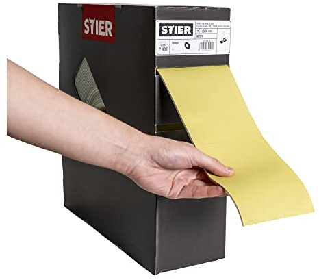 STIER Schleifpapier auf Schaumunterlage P400, 115x92mm Rollenlänge: 25m, für Lack-Reparatur, Profile, Wölbungen, praktische Box mit Abrisshilfe immer griffbereit