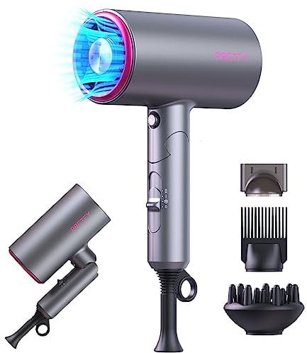 Pretfy Travel Hair Dryer with Diffuser, 2000W Foldable Hairdryer Lightweight Blow Dryer, Professional Ionic Hairdryers with 2 Speeds, 3 Heating and Cool Button with Diffuser Comb Concentrator Nozzle