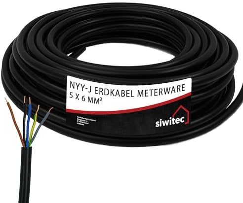 siwitec Erdkabel NYY-J 5x6 mm², Starkstromkabel PVC Erdleitung in schwarz, exakt zugeschnittene Meterware in Profi-Qualität, Länge (aktuelle Auswahl) = 3 Meter