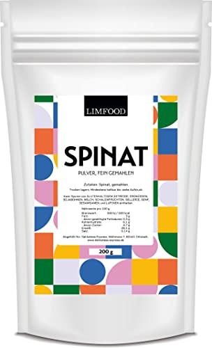 Limfood | 200g Spinatpulver - zum kochen & backen - färbt natürlich Lebensmittel wie Eier und Nudeln, natürliches Färbemittel, feines Pulver für grüne Smoothies