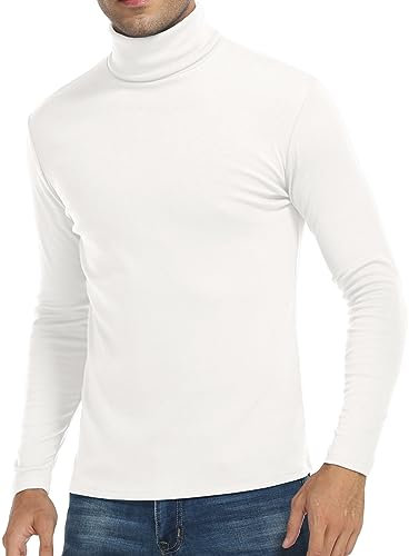 KUYIGO Mens Turtleneck Sweater Casual Ribbed Slim Fit Knitted Jumper High Roll Neck Basic Turtleneck Pullover M White