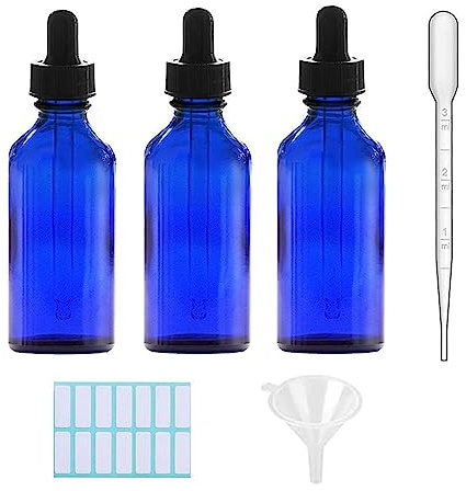 SKYPRO Blaue Glas-Tropfflasche mit 1 Trichter, 1 Pipette und 14 kleinen Flaschenaufklebern, 100 ml, Glasflaschen für ätherische Öle, Flüssigkeiten, 3 Stück