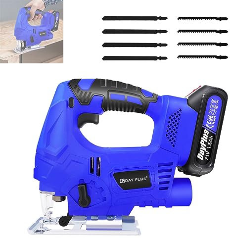 400W Cordless Jigsaw, Handheld Tool, Abs+Metal, 3000 SPM, ±45° Bevel Cutting, with 1500mAh Battery and Charger, 4 Orbital Setting, Including 8 Blades