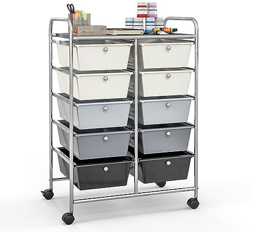 TANGZON 10 Drawers Storage Cart, Rolling Utility Cart with Lockable Wheels, Multipurpose Mobile Organizer Trolley for Home Office Stationery Beauty & Salon (Gradient Grey)